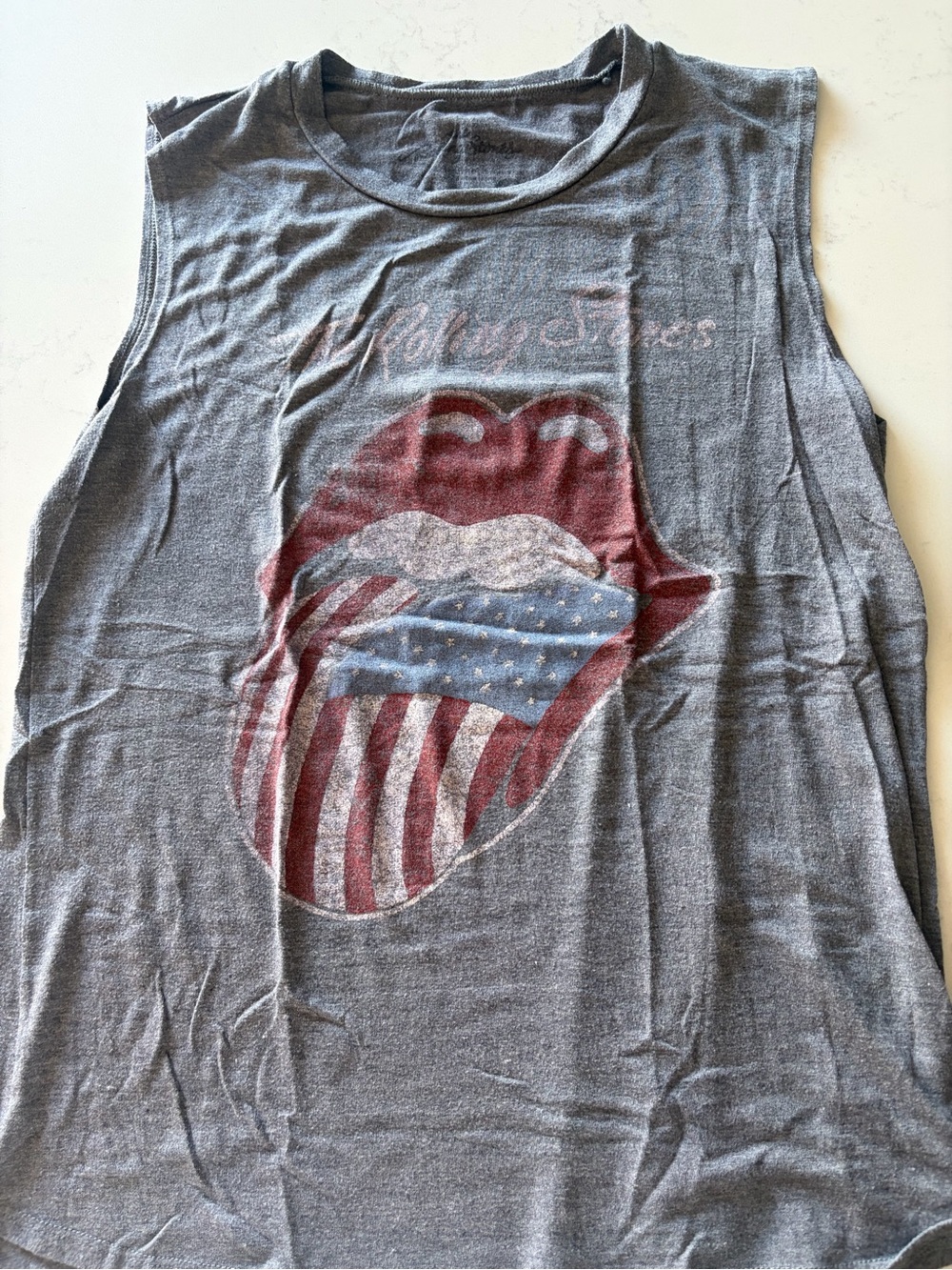 Rolling Stones Gray Graphic Sleeveless Tank Top with Red & Blue Tongue Print